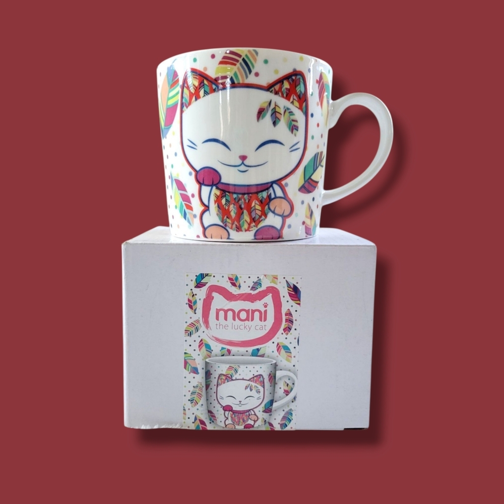 ✨️HP✨️Mani the Lucky Cat | EUC Colorful Polka Dot Floral Maneko Mug